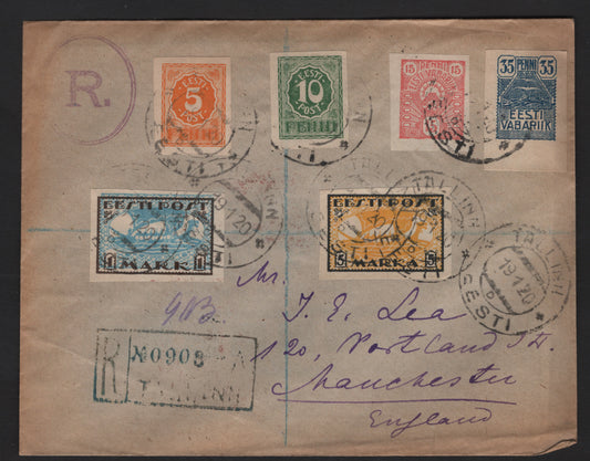 Lot 1 Estonia (C) SC#29-32, 34-35 5p - 5m Orange - Orange Yellow & Black Numeral, Arms & Viking Ship, 1919-1920 Imperf Numeral, Arms & Viking Ship Definitives, A Fine Used Cover, Franked With 6.65m Postage, Mild Edge Toning That Affects The 35p
