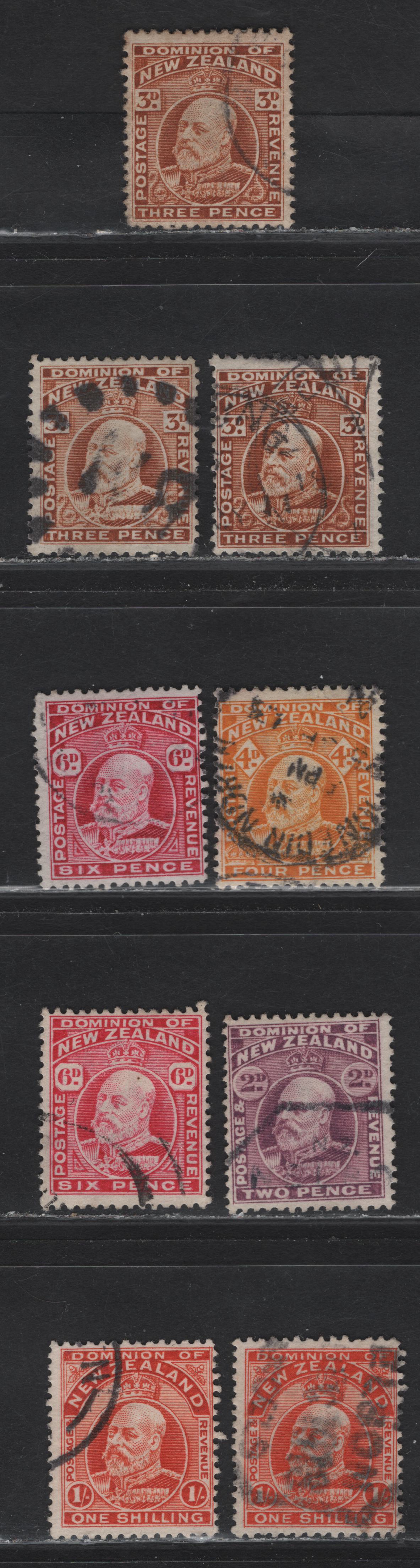 Lot 107 New Zealand (C) SG#388, 389, 390a, 392-a, 394 2d - 1/- Mauve - Vermillion King Edward VII, 1909-1916 King Edward VII Issue, 9 Fine Used Singles, Perf 14x14.5