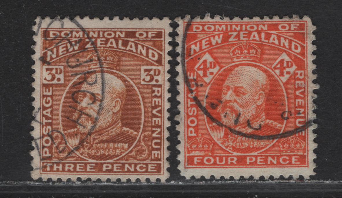 Lot 108 New Zealand (C) SG#389-390 3d - 4d Chestnut - Orange Red King Edward VII, 1909-1916 King Edward VII Issue, 2 Very Fine Used Singles, Perf 14x14.5
