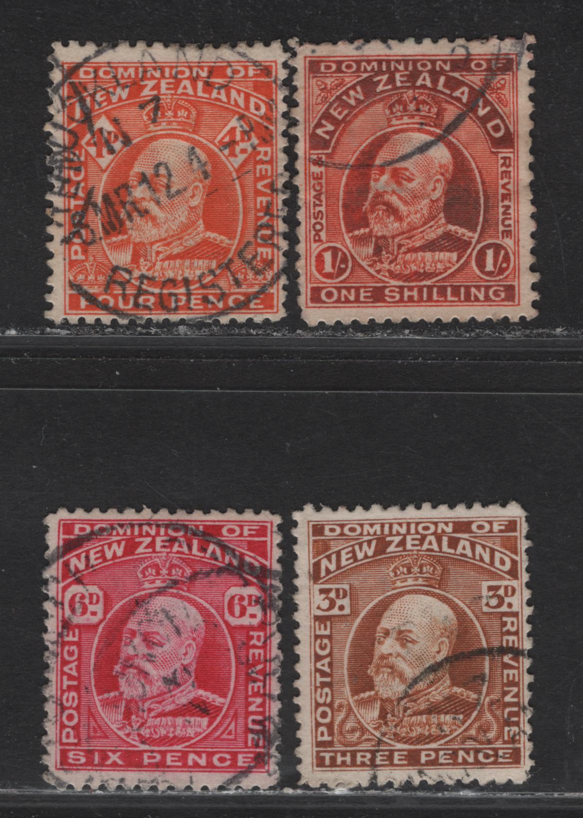 Lot 109 New Zealand (C) SG#395-396, 398-399 3d - 1/- Chestnut - Vermillion King Edward VII, 1909-1916 King Edward VII Issue, 4 Fine/Very Fine Used Singles, Line Perf 14