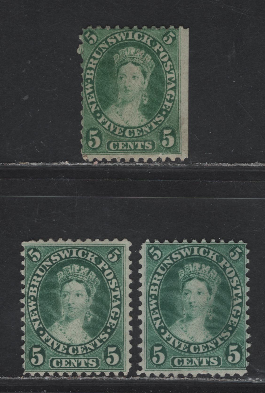 Lot 112 New Brunswick (C) #8, 8a 5c Yellow Green, Blue Green & Deep Blue Green Queen Victoria, 1860 Cents Issue, 3 Very Good/Fine Unused Singles, Papers Cents-O & Cents-A, Perfs 12x11.75
