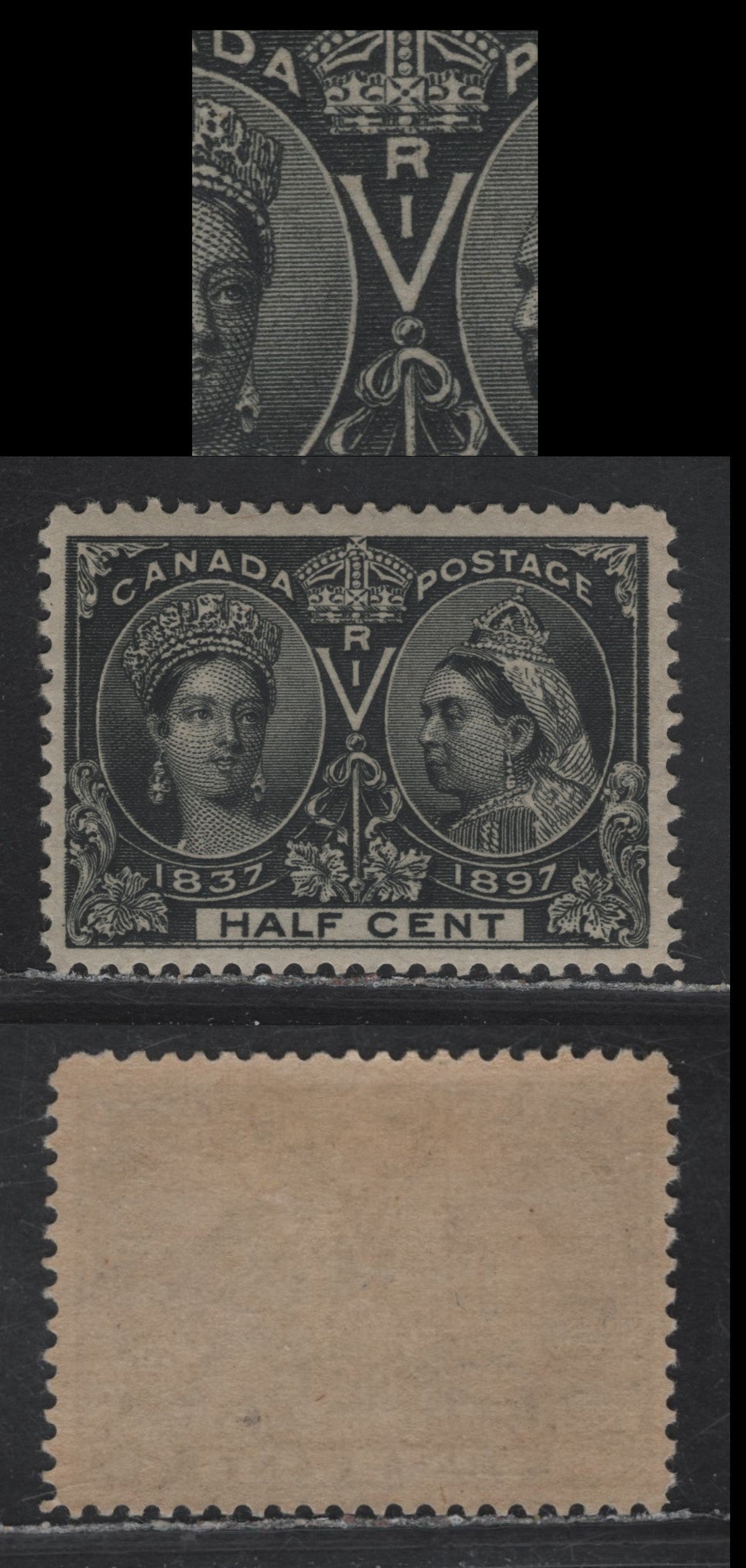 Lot 123 Canada (C)#50 1/2c Black Queen Victoria, 1897 Diamond Jubilee Issue, A VFOG Single, Paper ABN-V, Showing Constant Vertical Guideline Through Crown, R' & Part Of The 'V'.