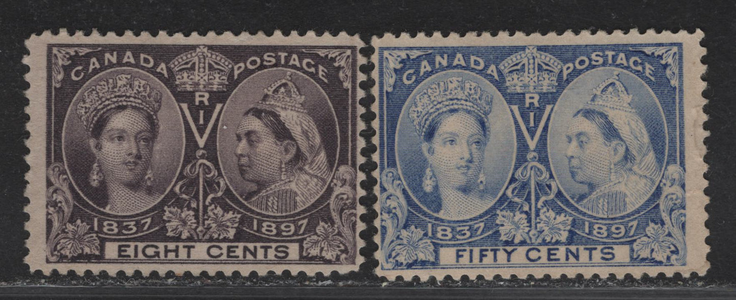 Lot 127 Canada (C) #56, 60i 8c - 50c Blackish Violet - Ultramarine Queen Victoria, 1897 Diamond Jubilee Issue, 2 Very Good/Fine Unused Singles, Papers ABN-V & ABN-AA, Perfs 11.9x11.8 & 12, The 50c Has A Small Tear At Center Right.