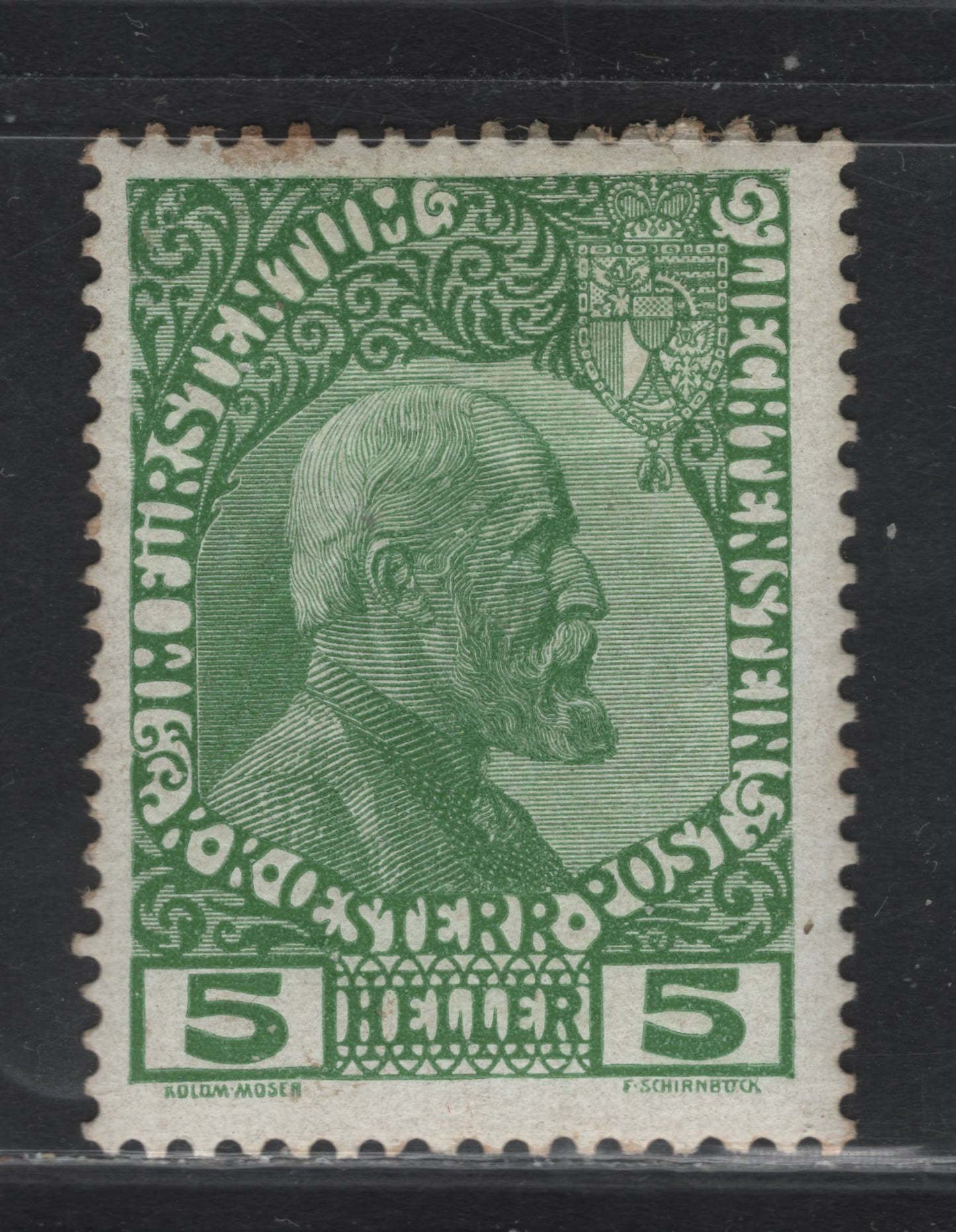 Lot 13 Liechtenstein SC#1 1sh Yellow Green Prince Johann, 1912 Prince Johann Issue, A FOG Single, Chalky paper