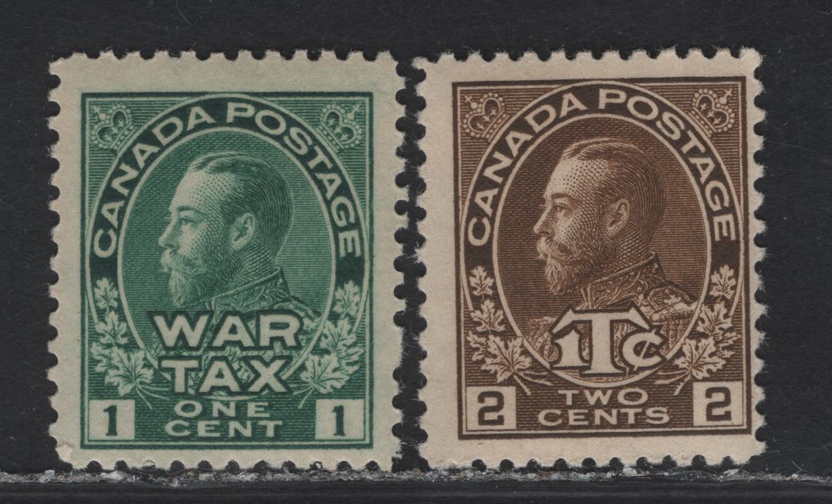 Lot 133 Canada (C) #MR1, MR4 1c - 2c+1c Deep Green - Brown King George V, 1915-1916 War Tax Issues, 2 VFOG Singles, Paper ABN-A, Perfs 12 & 11.9x12