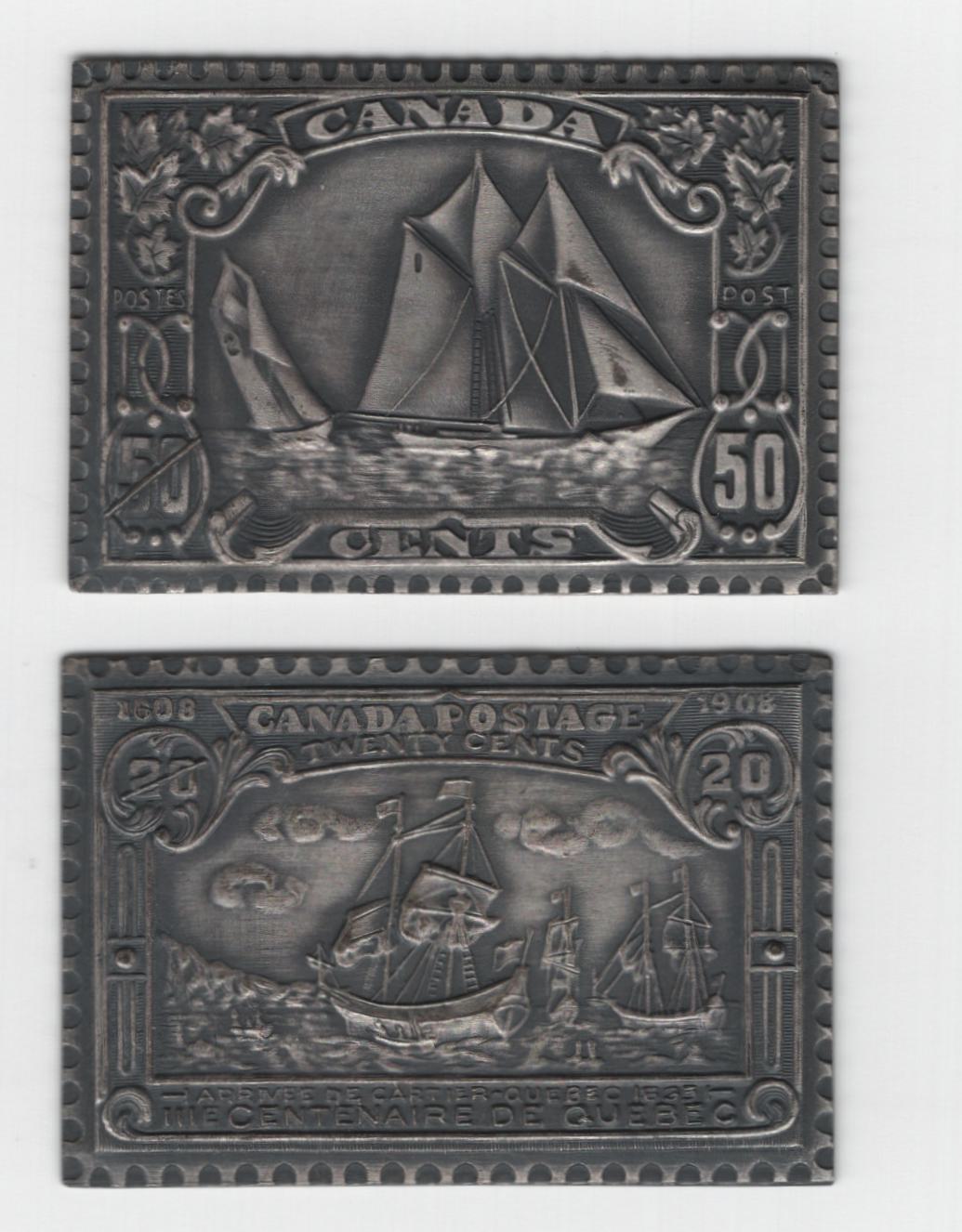 Lot 136 Canada (C) #103, 158 20c & 50c Brown - Dark Blue Cartier's Arrival - Bluenose, 1908-1929 Quebec Tercentenary & Scroll Issues, 2 VFOG Bronze Replicas, Unknown Origin, Seems To Have Been Associated With Billeski