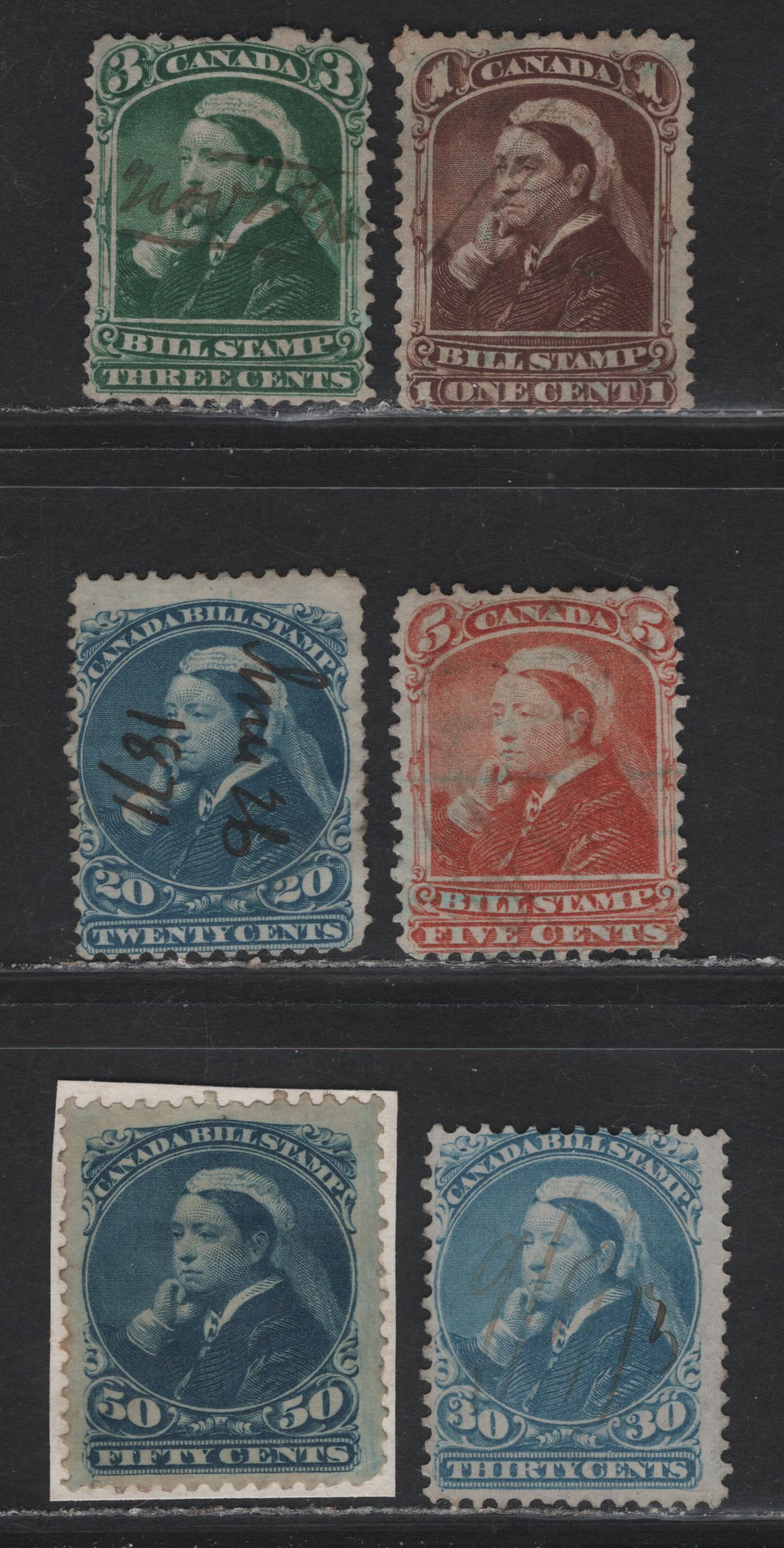 Lot 137 Canada Van Dam#FB37, FB40, FB42, FB48, FB49, FB51 1c - 50c Brown - Blue Queen Victoria, 1868 Third Bill Issue, 6 Very Good/Fine Used Singles, Various Papers & Perfs
