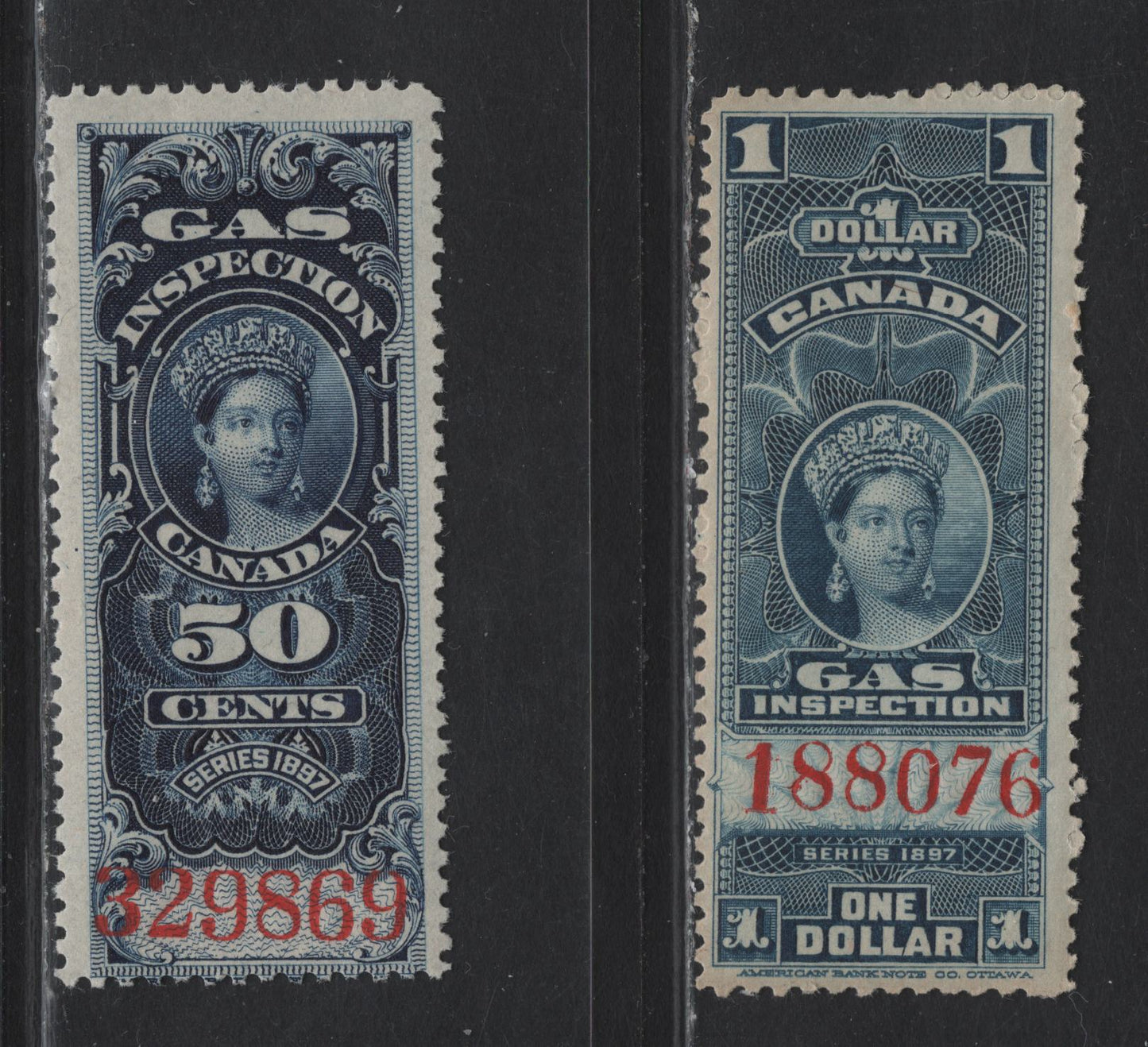 Lot 138 Canada Van Dam#FG19, FG22 50c - $1 Dark Blue - Dull Blue Queen Victoria, 1897 Federal Gas Inspection Issue, 2 VG/FNH Singles