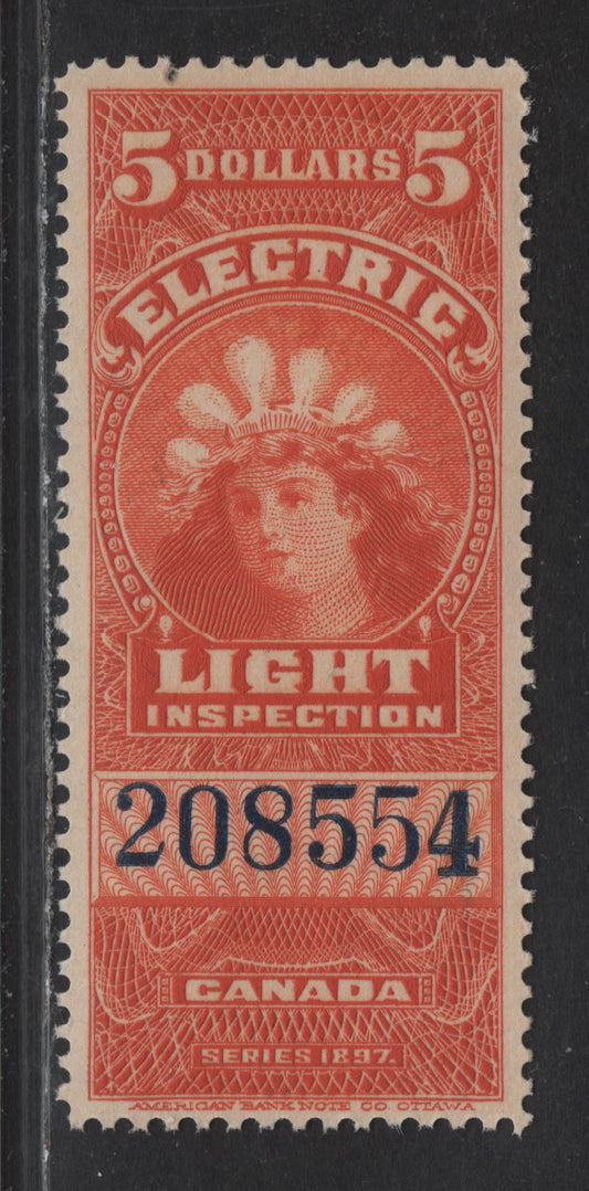 Lot 140 Canada Van Dam#FE16b $5 Deep Orange Electric Light, 1900-1930 Electric Light Inspection Issue, A VFNH Single, Dark Blue Control Number, Dry Printing