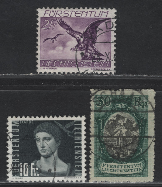 Lot 14 Liechtenstein SC#64, C23, C33 30rp - 10fr Deep Green & Black - Gray Black Arms - Inventors, 1921-1948 Arms, Chapel Of Mamertus & View Of Vaduz - Inventors Airmail Issues, 3 Very Fine Used Singles