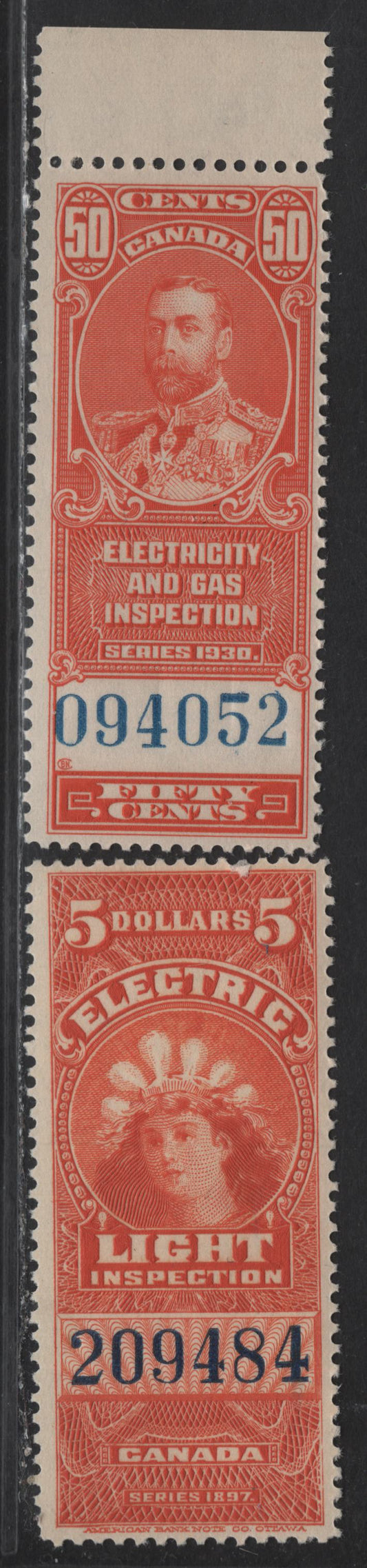 Lot 141 Canada Van Dam#FE16b, FEG1 $5 - 50c Vermillion Electric Light - Electricity & Gas, 1900-1930 Electric Light - Electricity & Gas Inspection Issues, 2 FNH Singles, Dark Blue Control Number