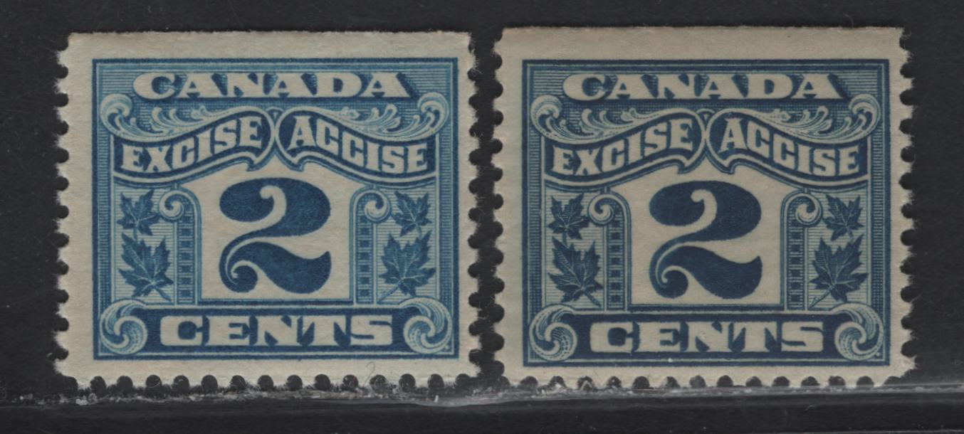 Lot 143 Canada Van Dam#Fx36 2c Blue - Light Blue Numeral, 1915-1928 Two Leaf Excise Tax Issue, A FNH Single, Blue Is Dry Printing, Light Blue Is Wet Printing