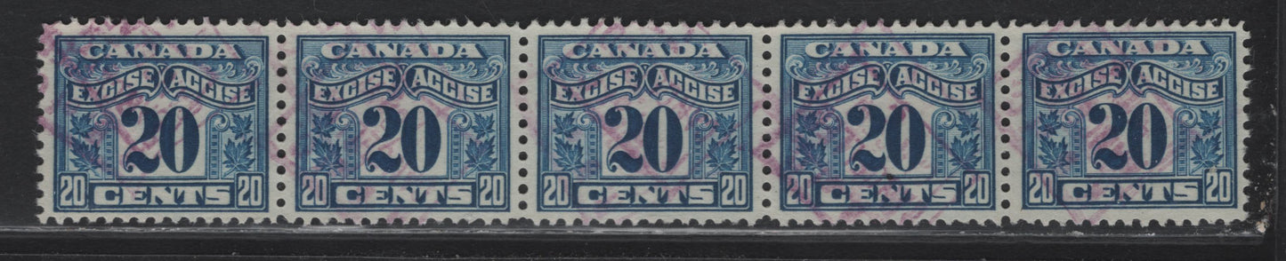 Lot 144 Canada Van Dam#FX43 20c Bright Blue Numeral, 1915-1928 Two Leaf Excise Tax Issue, A Very Fine Used Strip Of 5, Dry Printing, Light Cancels, Well Centered.