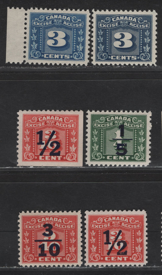 Lot 148 Canada Van Dam#FX64, FX104-FX105, FX108-FX109 3c - 1/2c on 3/10c Light Blue - Red Numeral, 1934-1948 Three Leaf Excise Tax, 5 VFNH Singles
