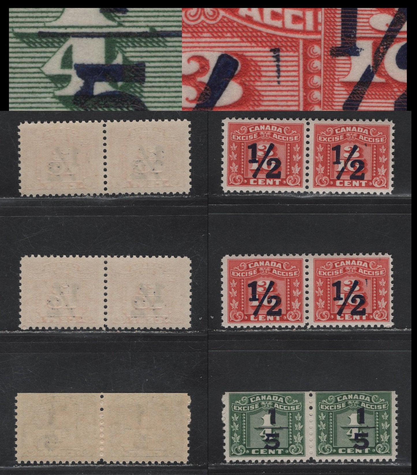Lot 150 Canada Van Dam#FX104, FX108-FX109 1/5 on 1/4c - 1/2 on 3/16c Green Numeral, 1934-1948 Three Leaf Excise Tax, 3 FNH Pairs, One Pair With Damaged '5', One Pair Showing Blue Ink From Overprint Forme On Design, Last Pair With Cracked Fraction Bar.