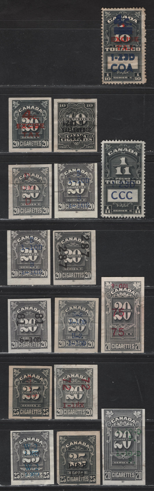 Lot 157 Canada #Unlisted Green Numeral, 1915-1930 Tobacco Issues, 14 Ungraded Used Singles, Most have Creases Or Thins, Various Company Codes & Two Surcharges