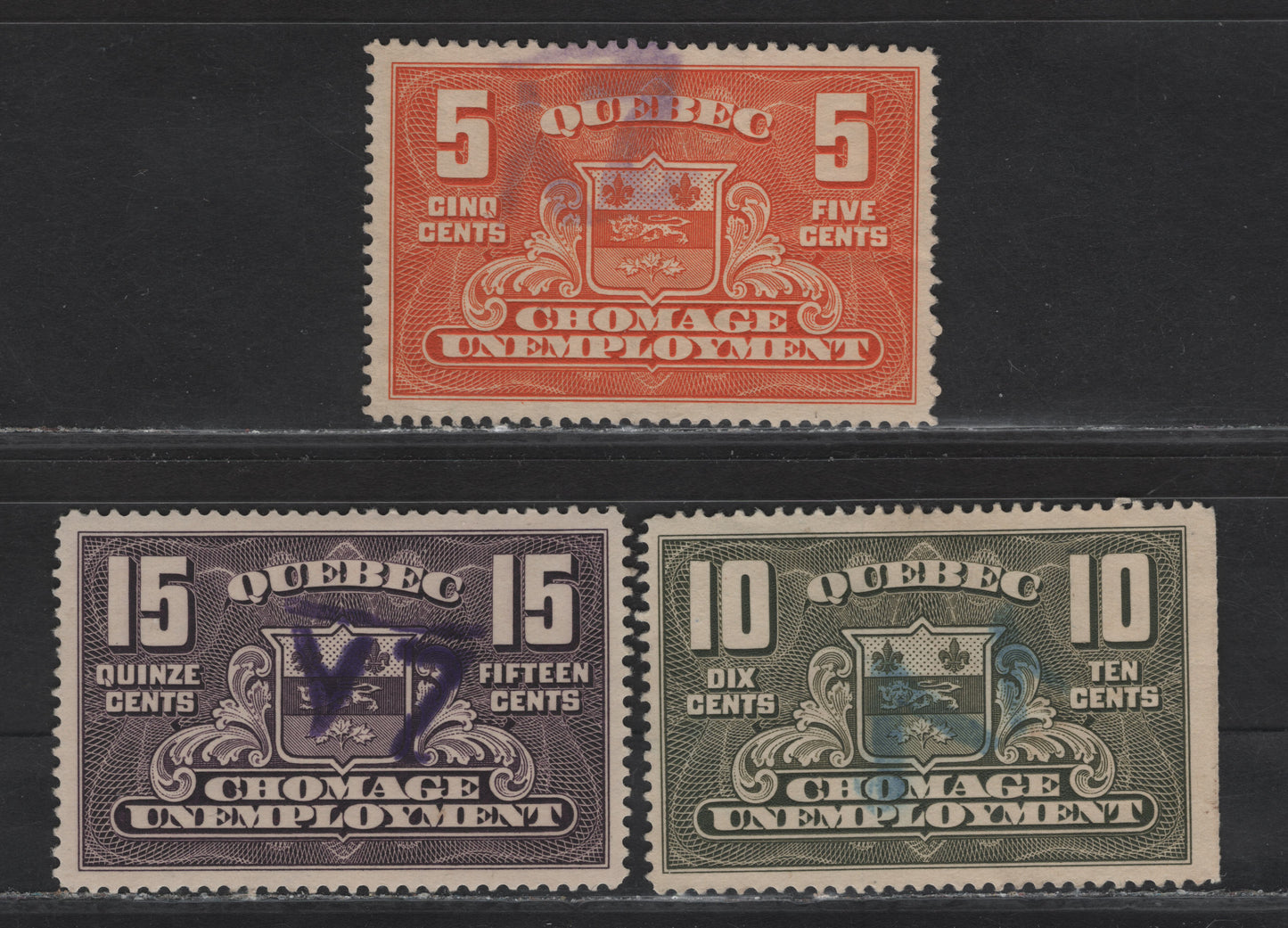 Lot 161 Canada Van Dam#QU1-QU3 5c - 15c Orange - Violet Emblem, 1934-1939 Unemployment Relief Tax Issue, 3 Very Fine Used Singles