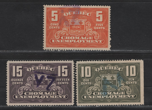 Lot 161 Canada Van Dam#QU1-QU3 5c - 15c Orange - Violet Emblem, 1934-1939 Unemployment Relief Tax Issue, 3 Very Fine Used Singles