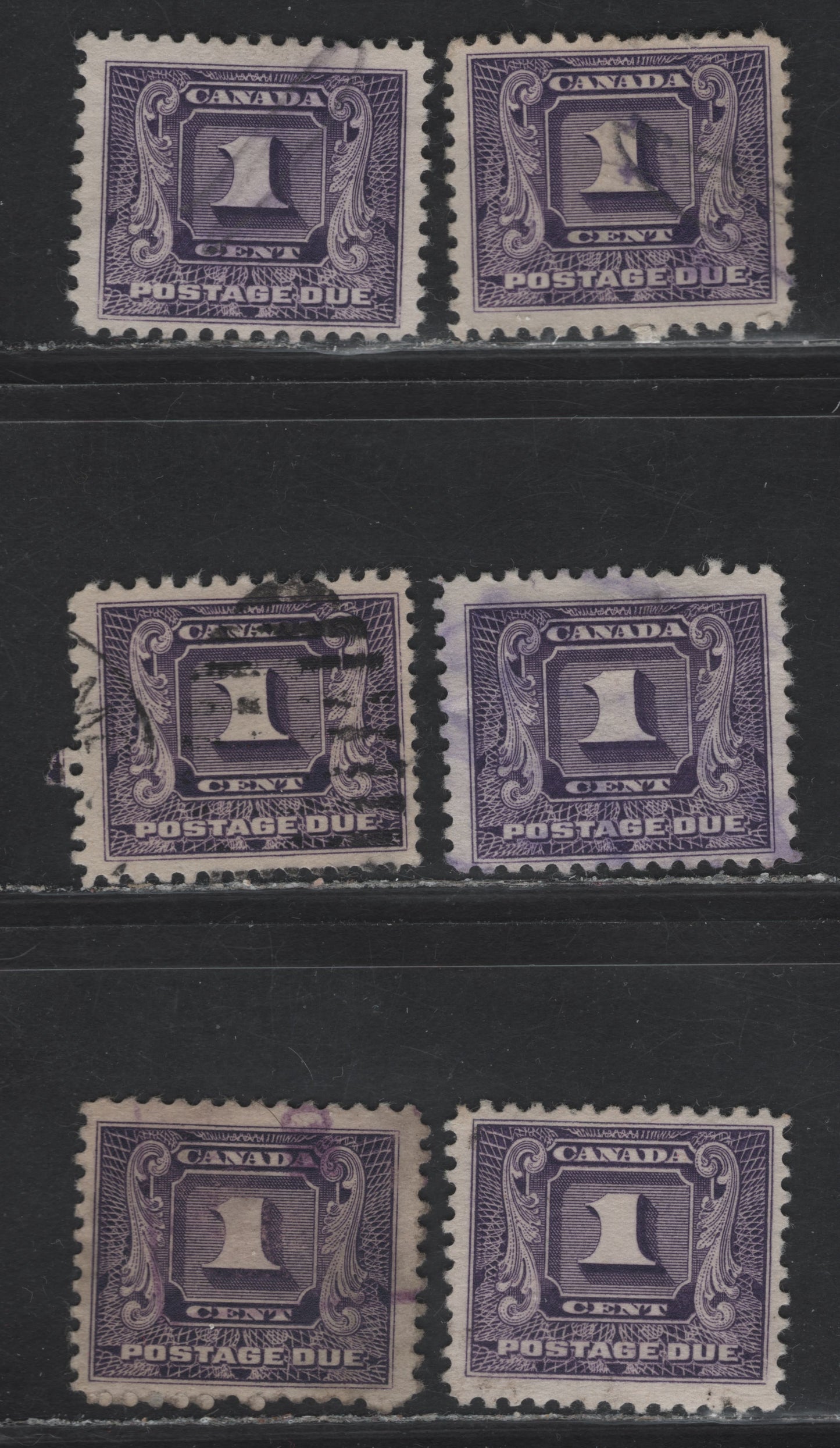 Lot 166 Canada #J6 1c Dark Violet - Dull Violet Numeral, 1930-1932 2nd Postage Due Issue, 6 Fine Used Singles, Various Papers, Perfs & Design Sizes