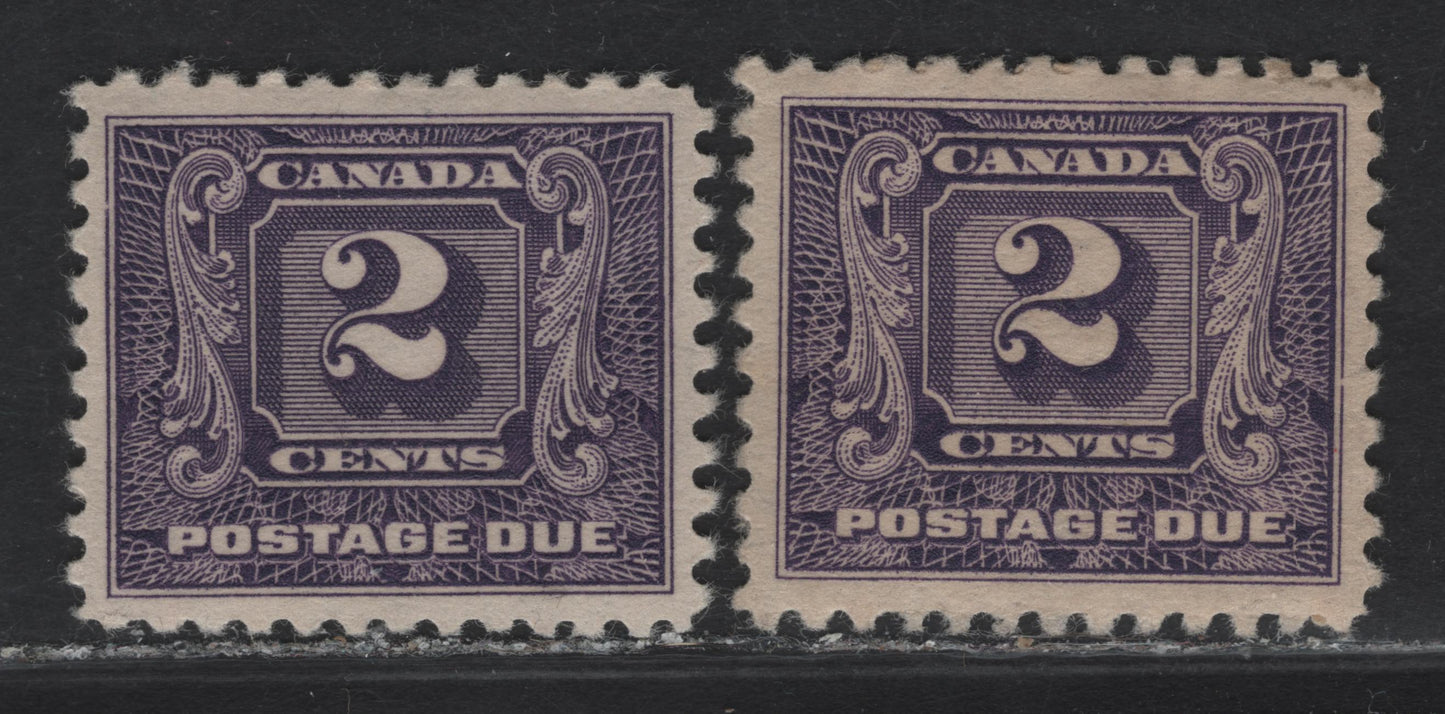 Lot 167 Canada (C) #J7 2c Dark Violet Numeral, 1930-1932 2nd Postage Due Issue, 2 VFOG Singles, Paper BABN-C, Perfs 10.9x10.8 & 10.8, Design Size 21.75x18.4mm & 21.6x18.4mm.