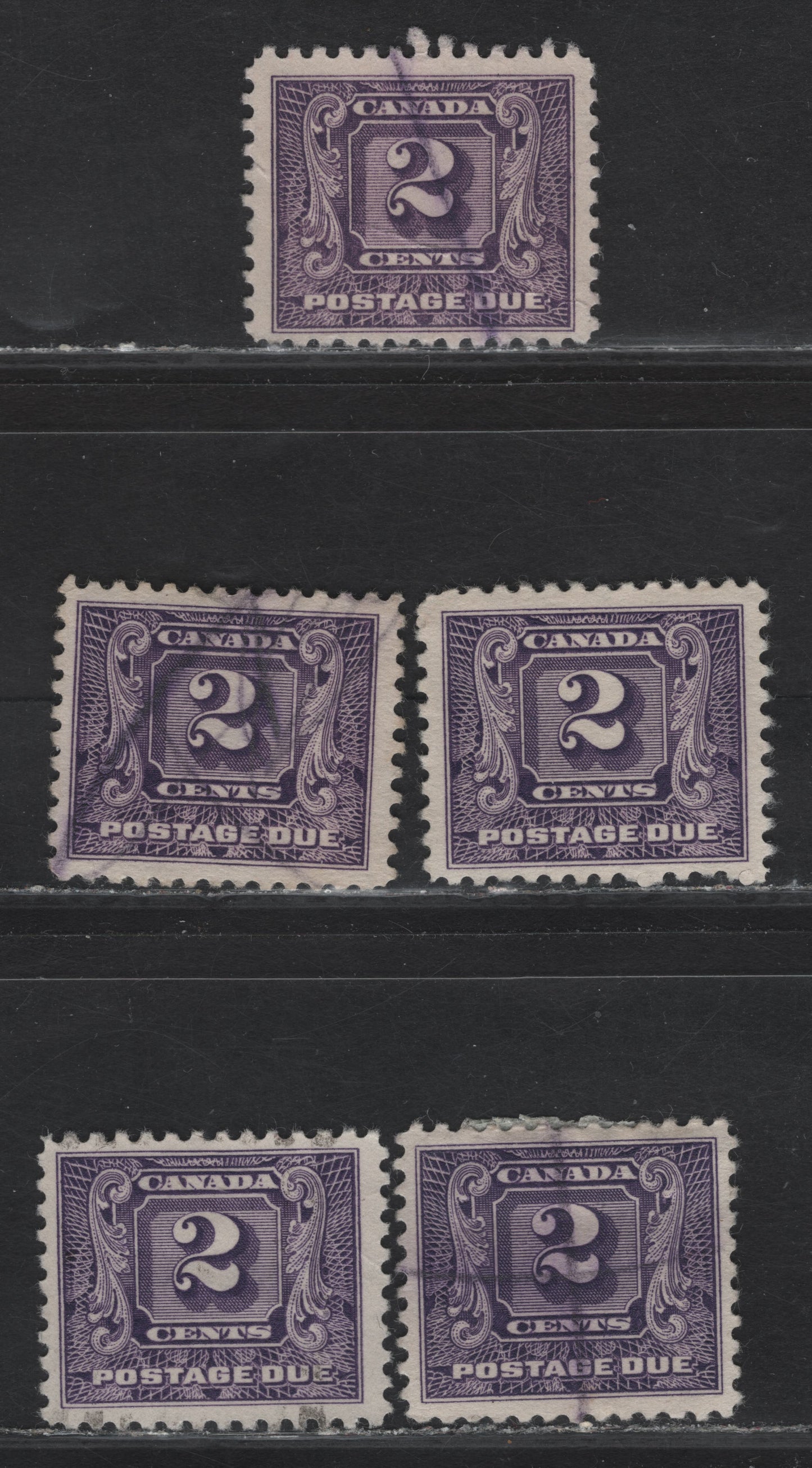 Lot 170 Canada #J7-J7i 2c Reddish Violet - Violet Numeral, 1930-1932 2nd Postage Due Issue, 5 Fine/Very Fine Used Singles, Various Papers, Perfs & Design Sizes