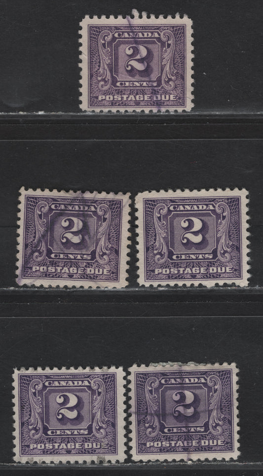 Lot 170 Canada #J7-J7i 2c Reddish Violet - Violet Numeral, 1930-1932 2nd Postage Due Issue, 5 Fine/Very Fine Used Singles, Various Papers, Perfs & Design Sizes