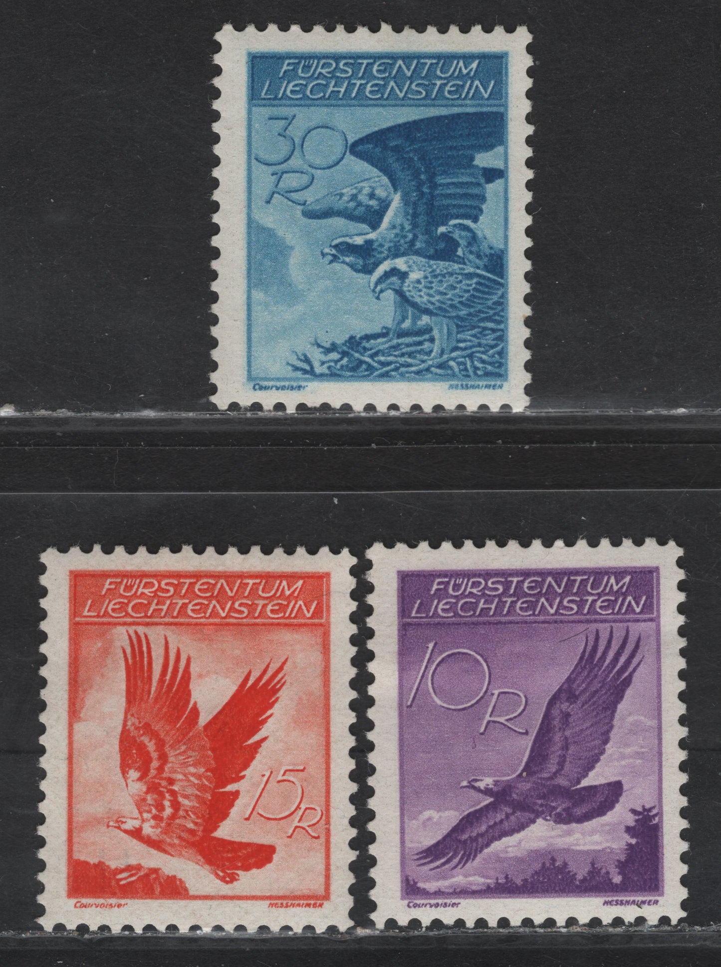 Lot 17 Liechtenstein SC#C9-C10, C12 10rp - 30rp Bright Violet - Bright Blue Golden Eagle, 1934-1935 Airmail Issue, 3 VFOG Singles
