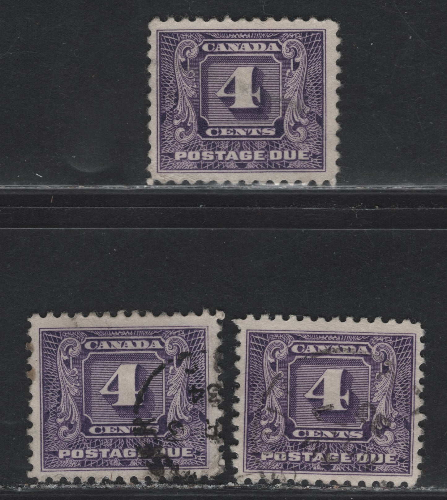 Lot 176 Canada #J8, J8i 4c Violet - Bluish Violet Numeral, 1930-1932 2nd Postage Due Issue, 3 Very Good/Very Fine Used Singles, Papers BABN-C & BABN-B, Perfs 10.9x10.8 & 11x10.8, Design Sizes 21.75x18.1mm, 21.5x18.25mm & 21.5x18.2mm.