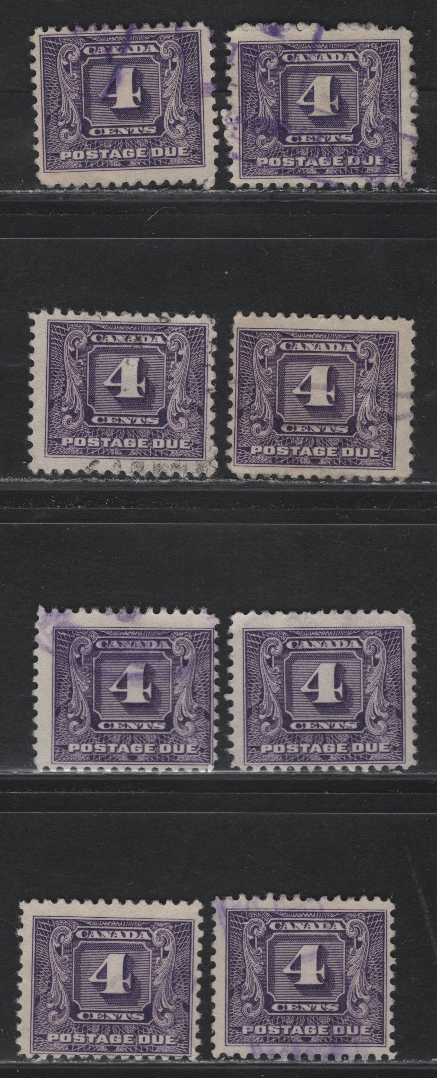 Lot 177 Canada #J8 4c Dark Violet -Violet Numeral, 1930-1932 2nd Postage Due Issue, 8 Fine Used Singles, Various Papers, Perfs & Design Sizes