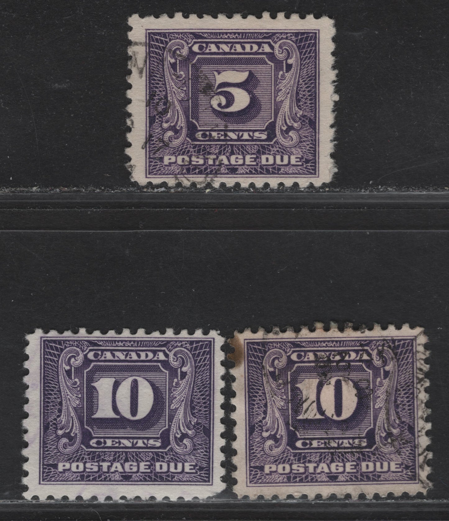 Lot 181 Canada (C) #J9-J10 5c - 10c Violet Numeral, 1930-1932 2nd Postage Due Issue, 3 Very Fine Used Singles, Papers BABN-A & BABN-B, Perfs 10.8x11 & 11x10.8, Design Size 21.6x18.3mm & 21.5x18.3mm.