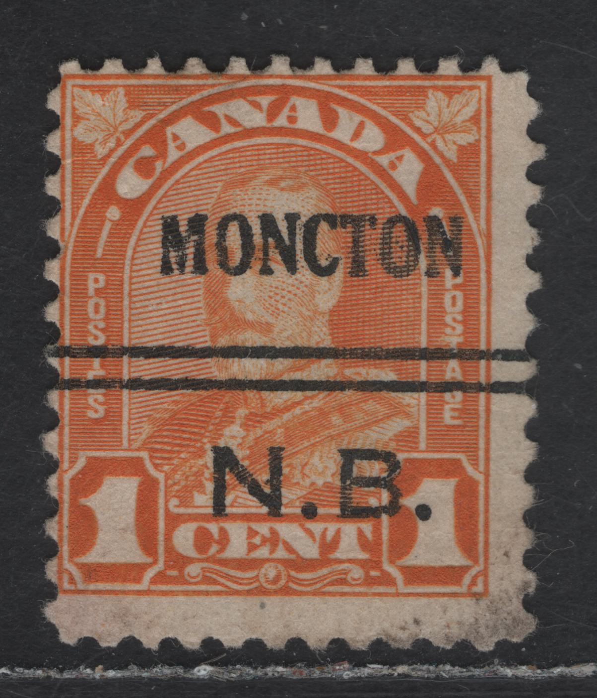 Lot 185 Canada #162xx 1c Light Yellowish Orange King George V, 1930-1931 Arch/Leaf Issue, A Fine Used Single Paper BABN-N, Perf 11.1x10.9,, Moncton Style 3 Precancel.