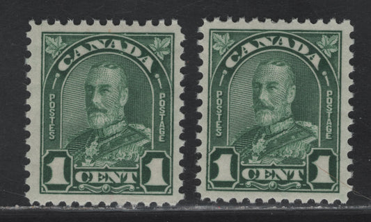 Lot 186 Canada (C) #163b 1c Deep Green King George V, 1930-1931 Arch/Leaf Issue, 2 VFNH Single Paper BABN-O, Perfs 11.1x10.9 & 11.1x10.8,