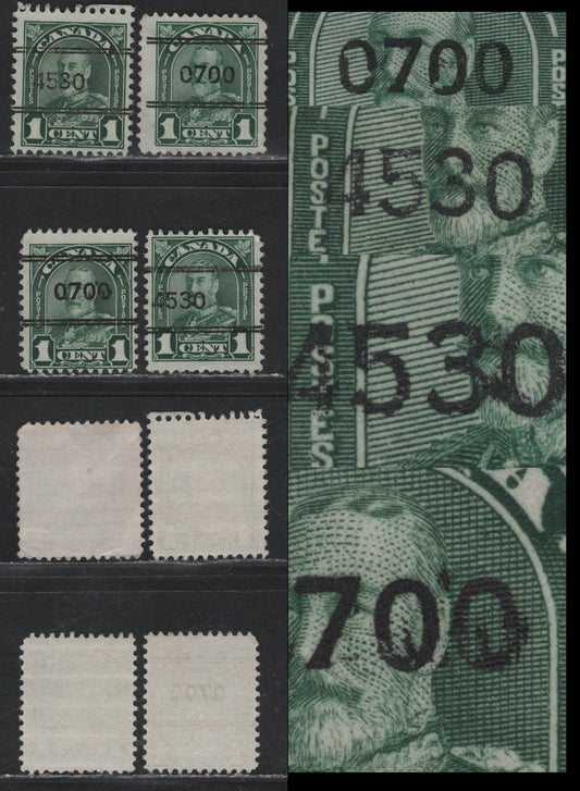 Lot 188 Canada #163xx 1c Deep Green - Myrtle Green King George V, 1930-1931 Arch/Leaf Issue, 4 Fine Used Singles, Different Precancels,