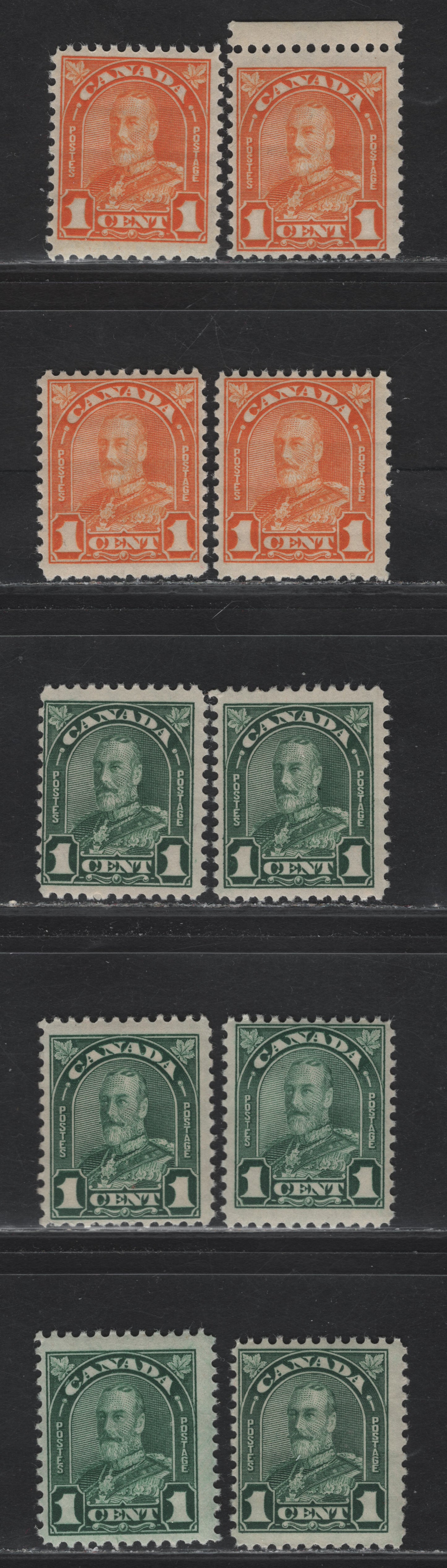 Lot 190 Canada #162-163 1c Deep Bright Orange - Deep Bluish Green King George V, 1930-1931 Arch/Leaf Issue, 10 FNH Singles, Various Papers & Perfs, Die 2