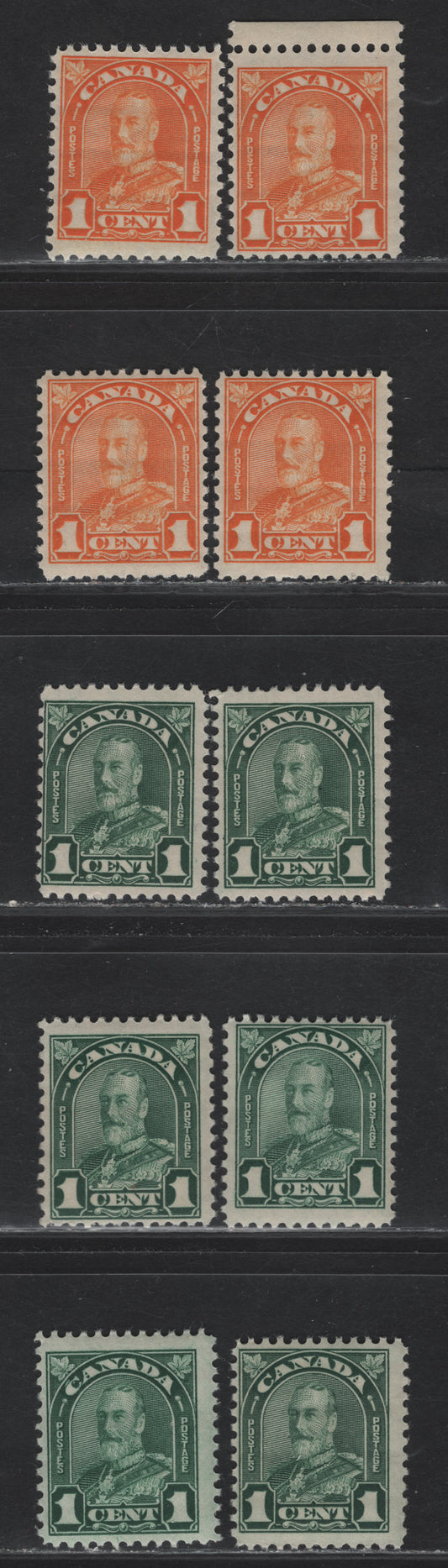 Lot 190 Canada #162-163 1c Deep Bright Orange - Deep Bluish Green King George V, 1930-1931 Arch/Leaf Issue, 10 FNH Singles, Various Papers & Perfs, Die 2