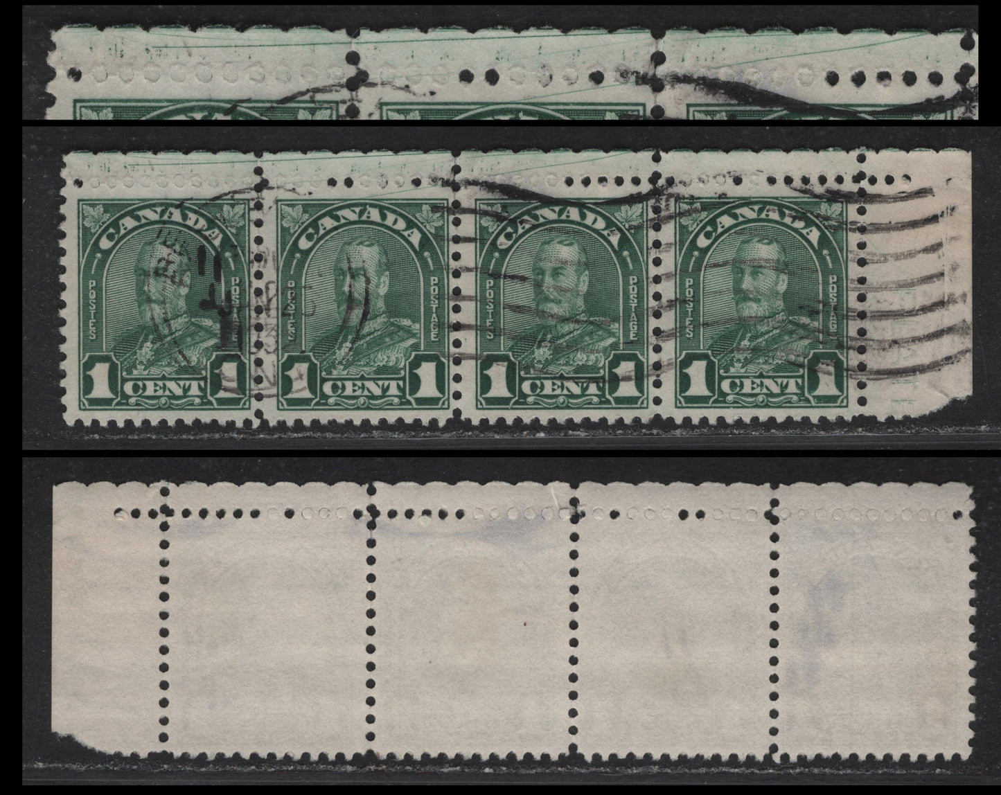 Lot 191 Canada #163 1c Myrtle Green King George V, 1930-1931 Arch/Leaf Issue, A Fine Used Strip Of 4, Paper BABN-M, Perf 11.2x11, Showing Diagonal Hairlines In the Selvedge, Constant Variety That Appears On Plate 5 Blocks.