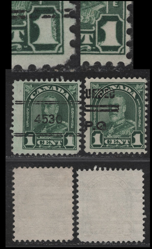 Lot 193 Canada #163bxx 1c Deep Green King George V, 1930-1931 Arch/Leaf Issue, 2 Fine Used Singles, Papers BABN-M & BABN-N, Toronto Style 13 & Quebec Style 3, Both Showing Dry Inking Die Flaws Near The Right Value Tablet.