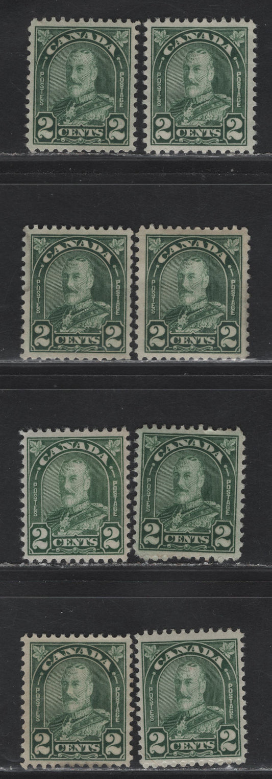 Lot 195 Canada #164 2c Deep Yellowish Green - Dull Yellowish Green King George V, 1930-1931 Arch/Leaf Issue, 8 VFOG Singles, Various Papers & Perfs,