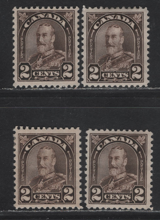 Lot 200 Canada (C) #166 2c Dark Brown King George V, 1930-1931 Arch/Leaf Issue, 4 VFOG Singles, Papers BABN-O & BABN-M, Perfs 11.2x10.9, 11.2x11, 11.1x10.9 & 11.2x10.8, Design Sizes 17.75x22mm & 18x22mm.