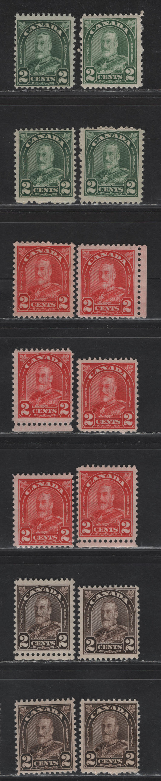 Lot 201 Canada #164-166 2c Light Green - Deep Red King George V, 1930-1931 Arch/Leaf Issue, 14 FNH Singles, Various Papers,
