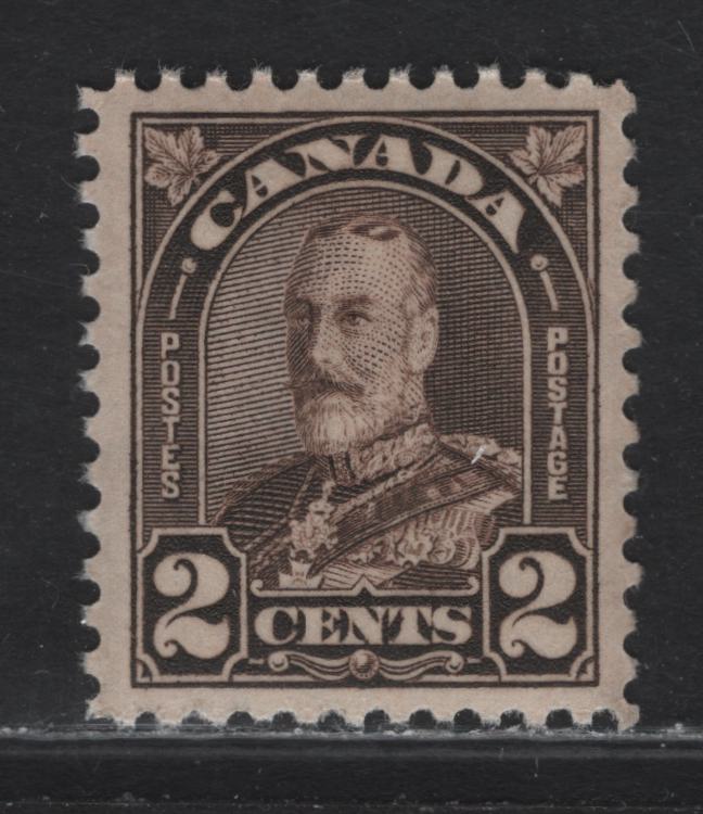Canada #166b 2c Dark Yellowish Brown King George V, 1930-1931 Arch/Leaf Issue, A VFNH Single, Paper BABN-O, Perf 11.1x10.9, 18x22.25mm Design Size.