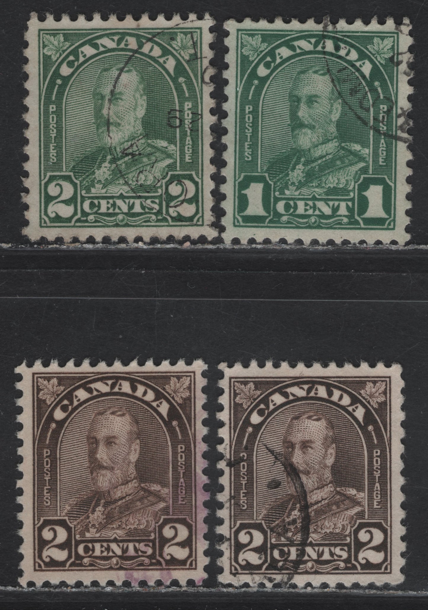 Canada #163-166 1c - 2c Deep Milky Green - Dark Yellowish Brown King George V, 1930-1931 Arch/Leaf Issue, 4 Very Fine Used Singles, Paper BABN-M, Perfs 11.1x10.8, 11.1x10.9 & 11.1x11