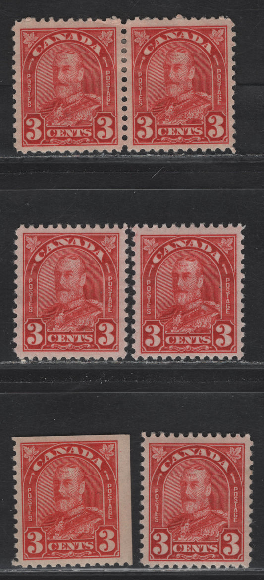 Lot 208 Canada (C) #167, 167as 3c Red - Bright Scarlet Red King George V, 1930-1931 Arch/Leaf Issue, 6 VFOG Singles, Papers BABN-M, BABN-O & BABN-F, Perfs 11.1x10.9, 12.2x10.8,11.1x10.9 and 10.8x10.9, Design Sizes 18x22mm & 17.8x22 and 18x21.8mm.