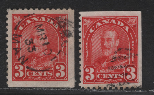 Lot 209 Canada #167as 3c Red & Bright Red King George V, 1930-1931 Arch/Leaf Issue, 2 Very Fine Used Singles, Papers BABN-F, Perfs 10.9 & 10.9x10.8, Design Sizes 18.2x21.8 & 18.25x21.8mm Instead Of 18x22mm.