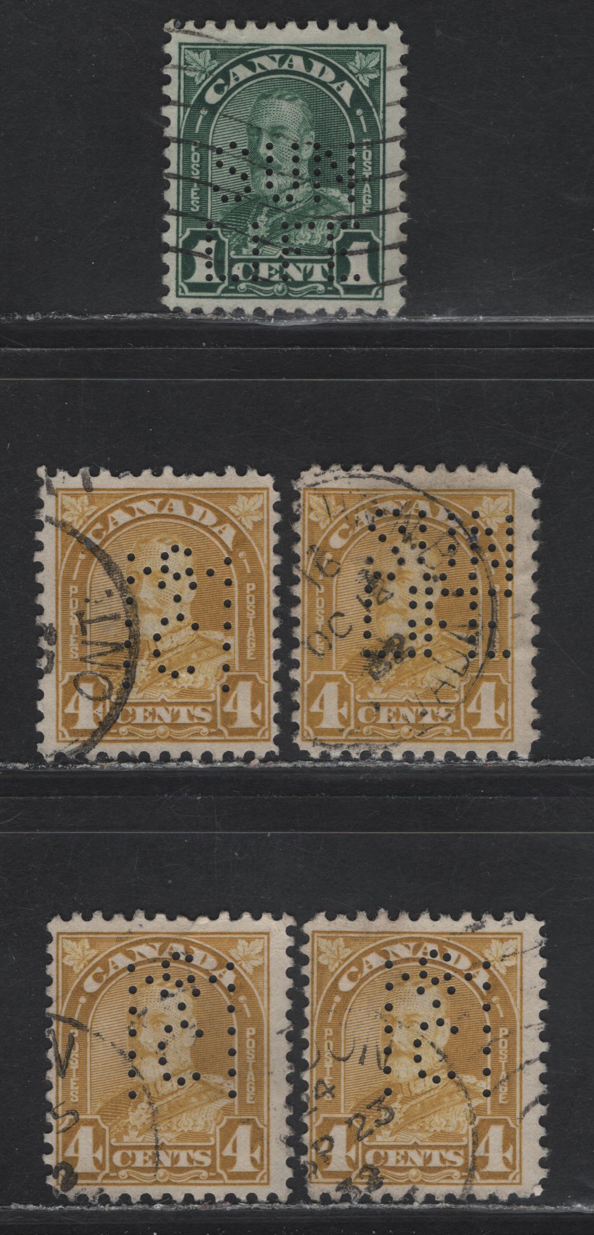 Lot 210 Canada (C) #163, 168 1c - 4c Deep Green - Light Bistre Yellow King George V, 1930-1931 Arch/Leaf Issue, 5 Very Good/Fine Used Singles, Papers BABN-M & BABN-B, Perfs 11.2x10.8, 10.8 & 10.8x10.9, Sun Life & McClary Manufacturing Perfins.
