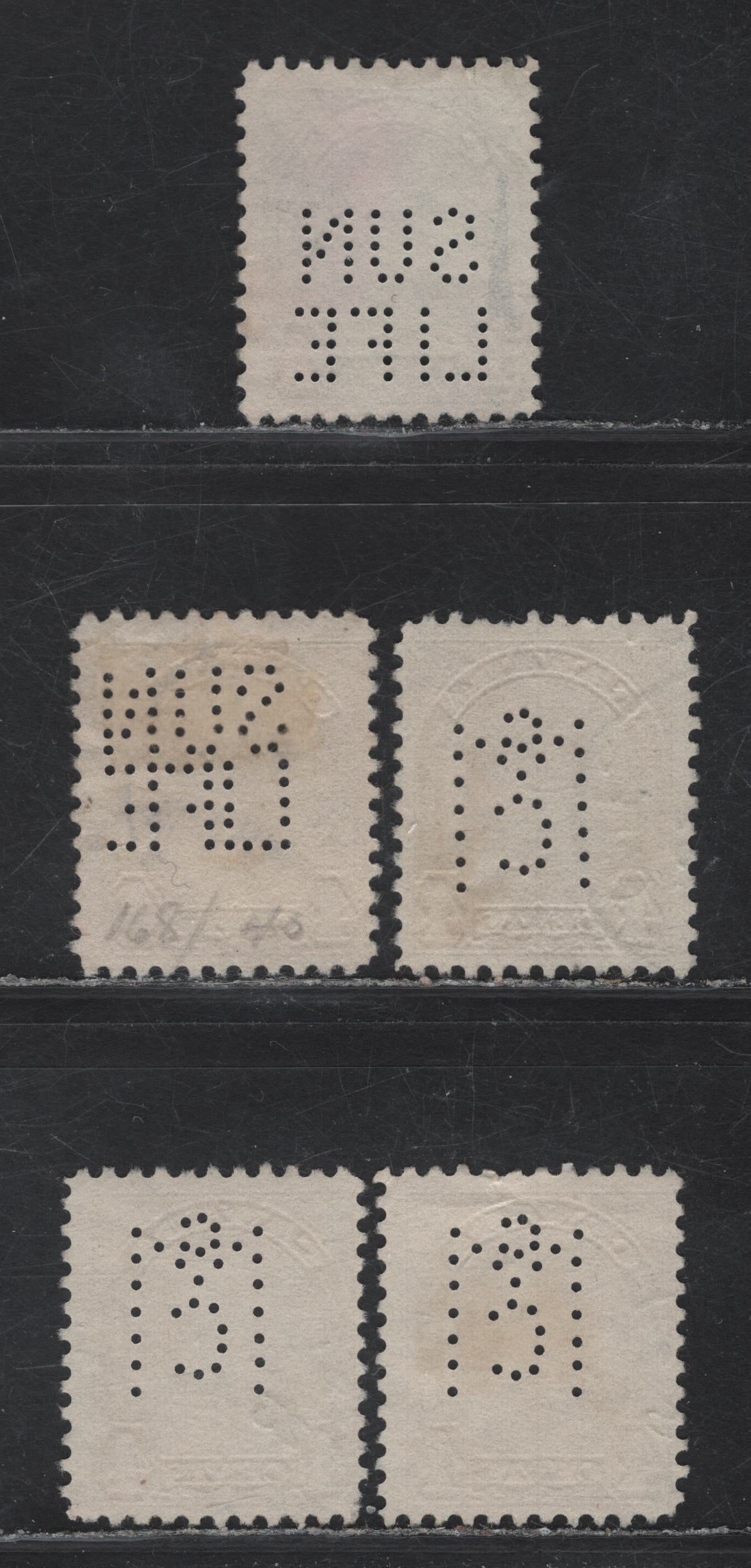 Lot 210 Canada (C) #163, 168 1c - 4c Deep Green - Light Bistre Yellow King George V, 1930-1931 Arch/Leaf Issue, 5 Very Good/Fine Used Singles, Papers BABN-M & BABN-B, Perfs 11.2x10.8, 10.8 & 10.8x10.9, Sun Life & McClary Manufacturing Perfins.