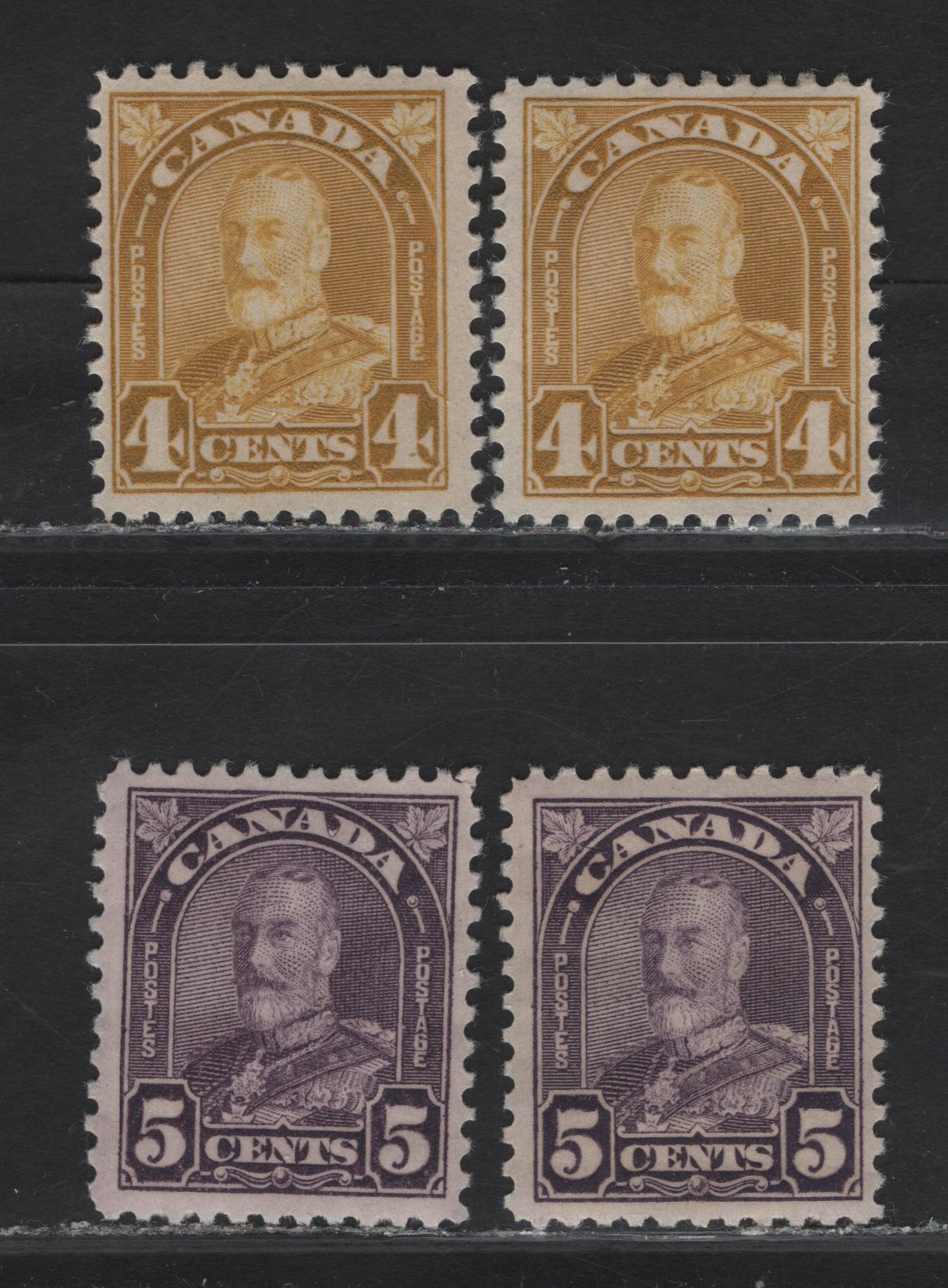 Lot 213A Canada #168-169 4c - 5c Bistre - Milky Rose Violet King George V, 1930-1931 Arch/Leaf Issue, 4 FOG Singles, Papers BABN-B, BABN-O & BABN-M, Rotary Press, Perfs 10.75, 11x10.8 & 11.1x10.7, Design Sizes 18.3x21.8 & 18x22mm.