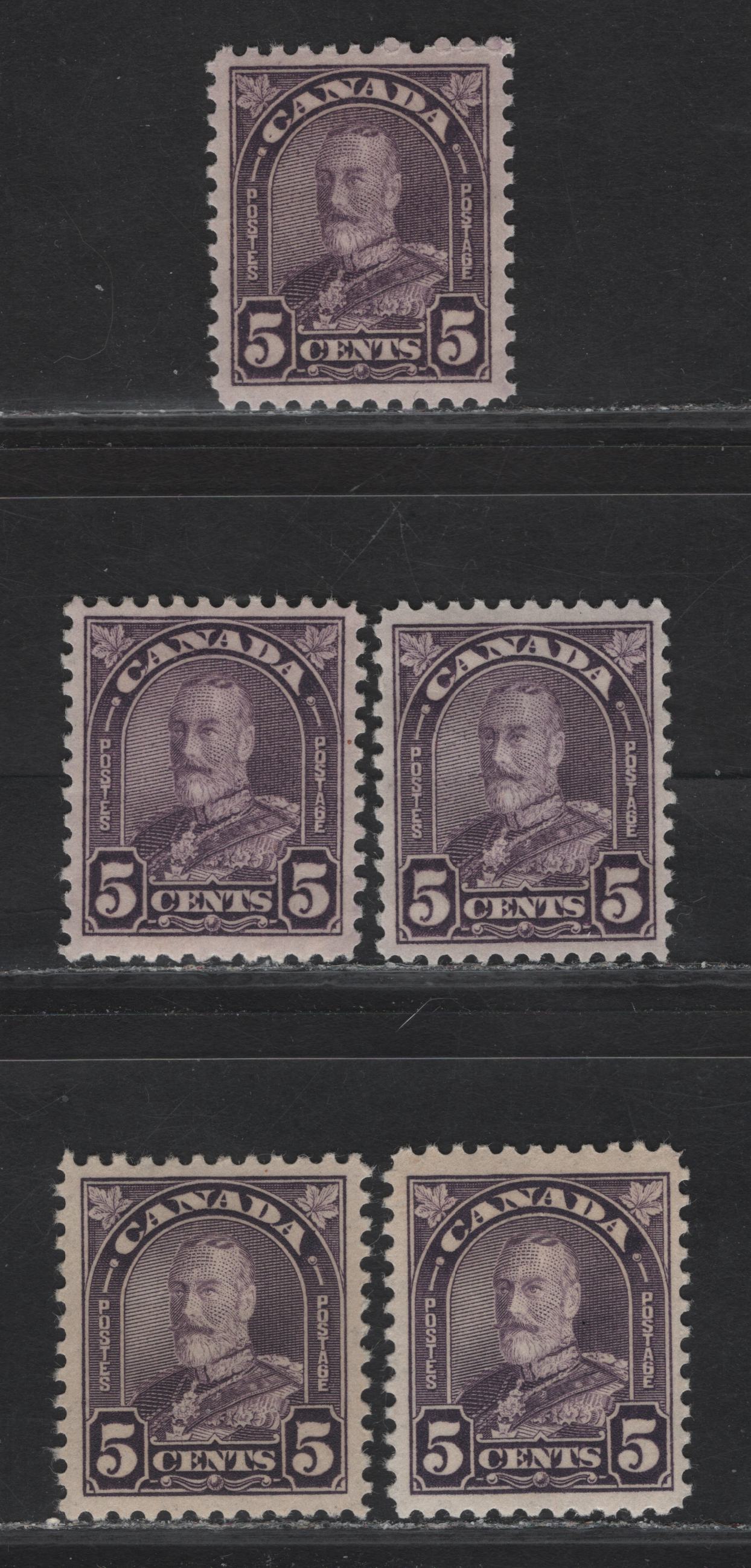 Lot 214 Canada (C) #169, 169a 5c Milky Violet - Dull Violet King George V, 1930-1931 Arch/Leaf Issue, 5 VFOG Singles, Papers BABN-Q & BABN-B, Perfs 11x10.8, 10.8x10.9 & 10.9x10.8, Design Size 18x22 & 18.25x22mm, Rotary & Flat Press.