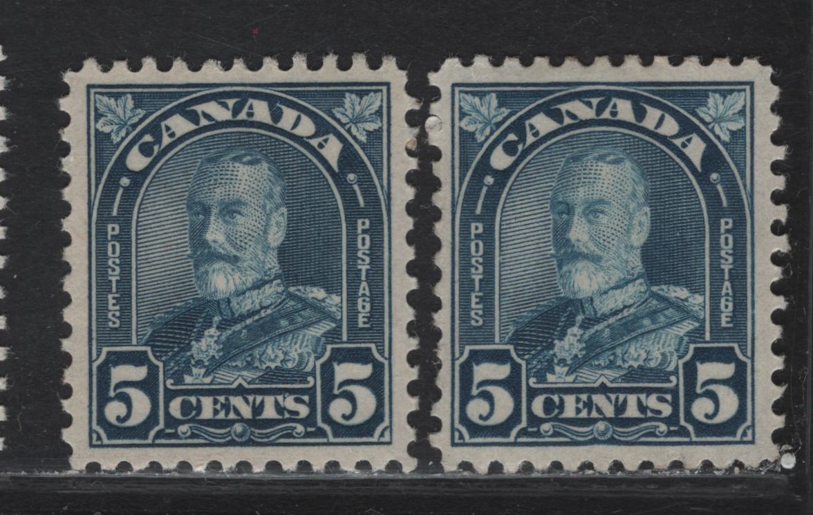 Lot 217 Canada #170 5c Bright Blue - Deep Bright Blue King George V, 1930-1931 Arch/Leaf Issue, 2 F/VFOG Singles, Papers BABN-B & BABN-D, Perfs 10.8 & 10.85x10.8, Design Size 18.25x22mm.