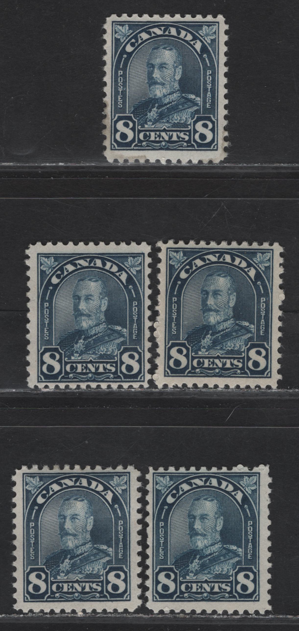 Lot 220 Canada #171 8c Dark Blue - Deep Prussian Blue King George V, 1930-1931 Arch/Leaf Issue, 5 FOG Singles, Papers BABN-S & BABN-B, Perfs 10.8x10.9, 10.8, 10.9x10.8 & 10.9, Design Sizes 18.1x22mm & 18.25x22mm.